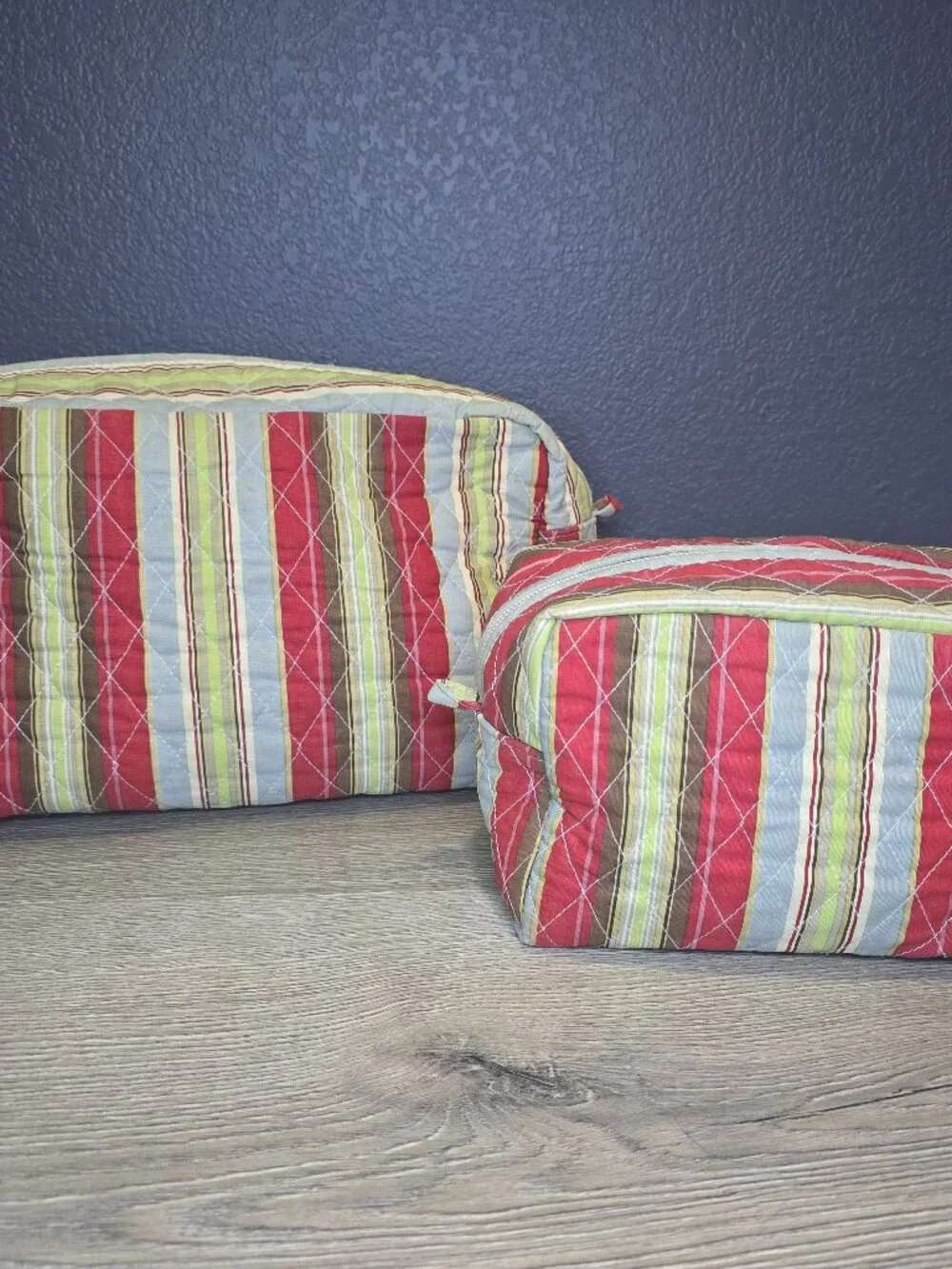 Set Of 2 Pottery Barn Cosmetics Toiletry Makeup Bags Plastic Lined Cotton Shell